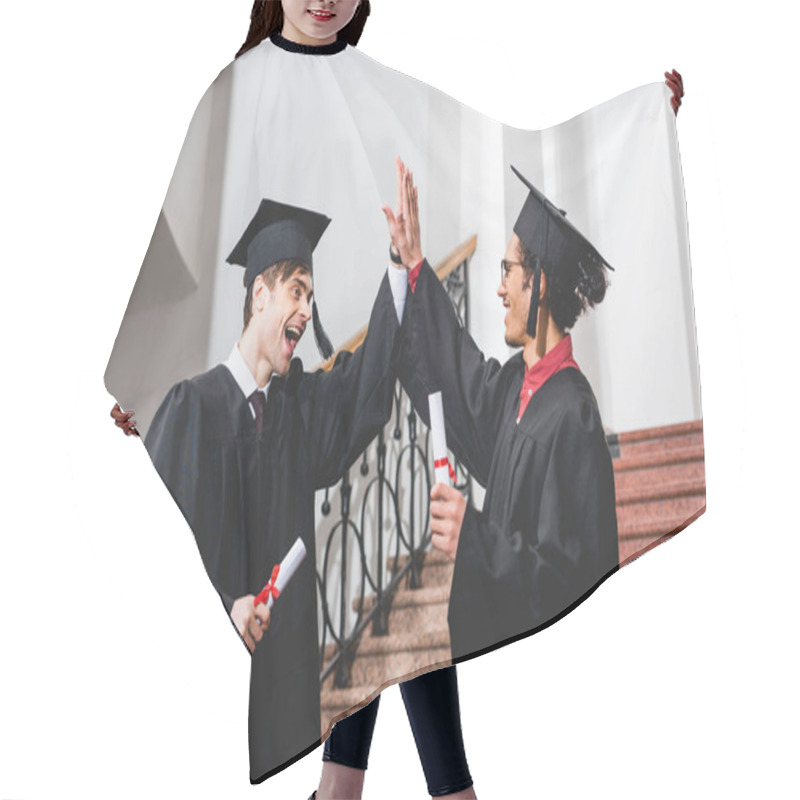 Personality  Cheerful Students In Graduation Caps Giving High Five While Holding Diplomas  Hair Cutting Cape