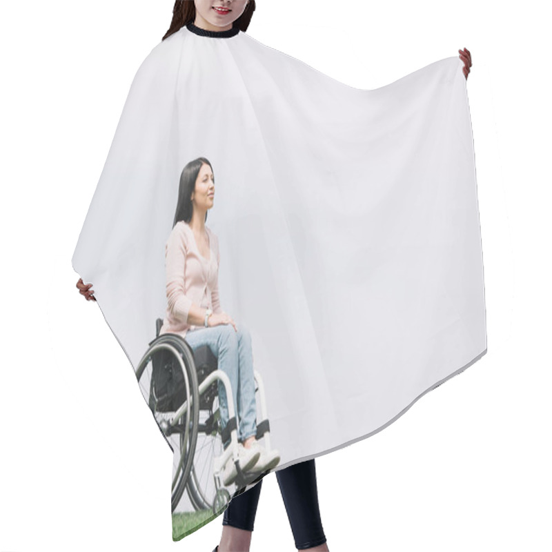 Personality  Happy Disabled Woman Looking Away While Sitting In Wheelchair In Park Hair Cutting Cape