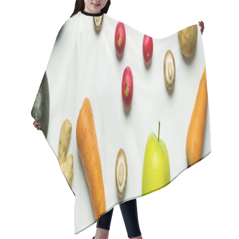 Personality  Top View Of Ripe Fruits And Vegetables On White Background, Banner  Hair Cutting Cape