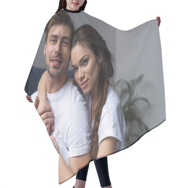 Personality  Romantic Couple Tenderly Embracing In Bedroom Hair Cutting Cape