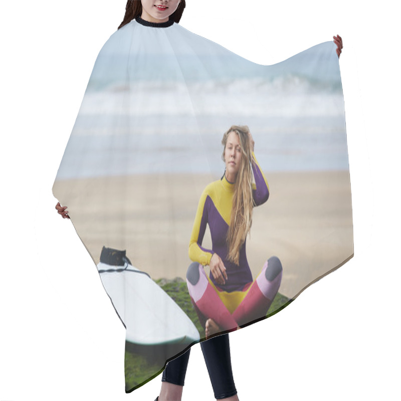 Personality  A Girl In A Bright Dress For Riding A Surfboard Sits On The Beach After The Conquered Wave Hair Cutting Cape