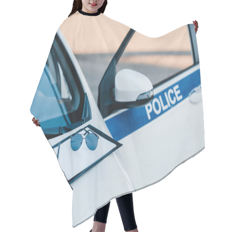 Personality  Blank Clipboard With Sunglasses On Automobile With Flasher And Lettering Police At City Street Hair Cutting Cape