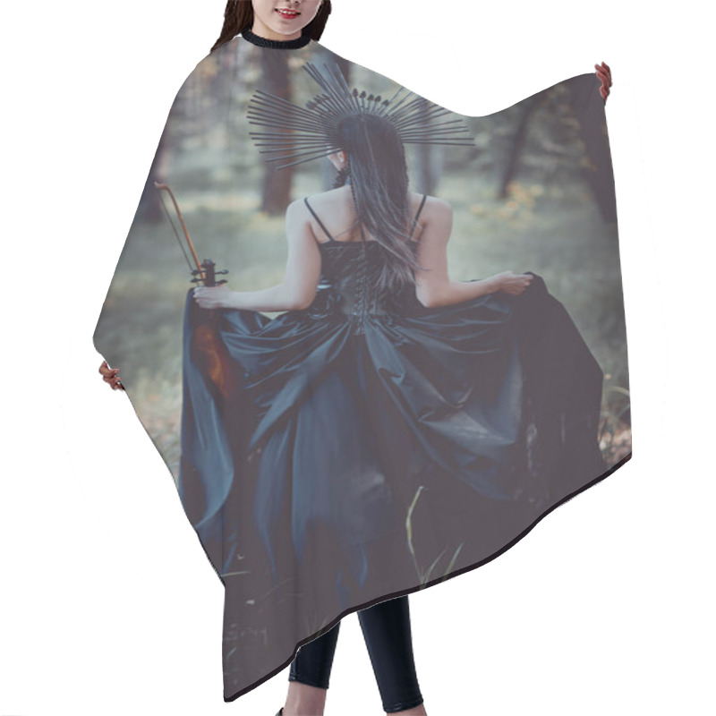 Personality  Back View Of Brunette Woman In Witch Costume Walking On Forest, Holding Violin Hair Cutting Cape