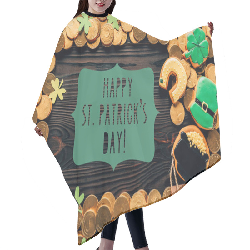 Personality  Flat Lay With Golden Coins, Festive Cookies And Happy St Patricks Day Lettering On Wooden Surface Hair Cutting Cape