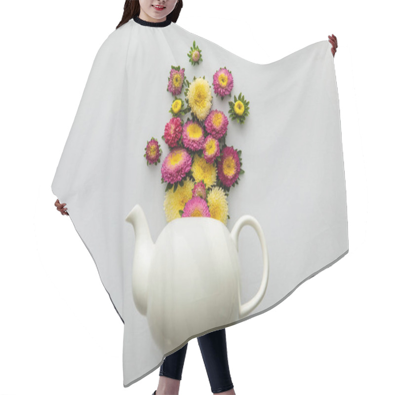 Personality  Top View Of Asters Above Teapot On White Background Hair Cutting Cape