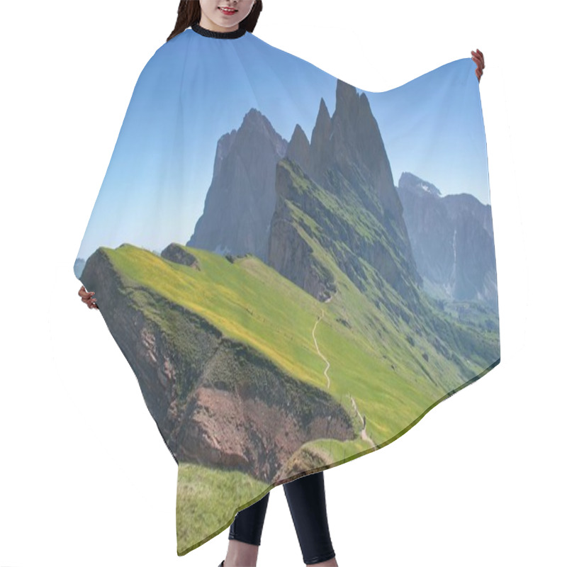 Personality  Majestic Mountain Scenery - Seceda, Dolomites, Italy. Blooing Spring Mountain Slopes. Hair Cutting Cape