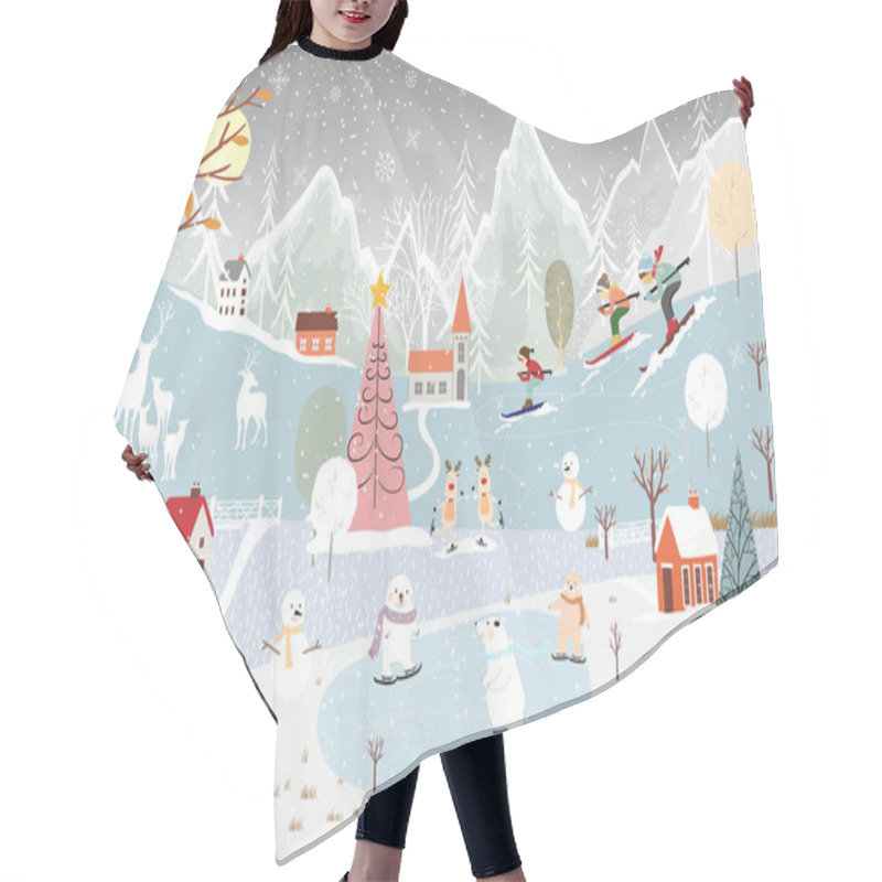 Personality  Illustrator Winter Landscape,Vector Of Horizontal Banner Of Winter Wonderland At Countryside With Snow Covering, Polar Bear Playing Ice Skates In The Winter Park And Family Skiing On The Mountain Hair Cutting Cape