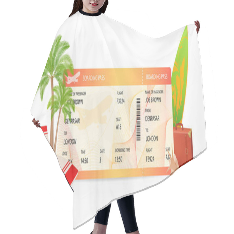 Personality  Boarding Pass (ticket, Traveler Check Template) Creative Concept. Travel Vector Background With Airplane Ticket, Palm Tree, Luggage, Surfboard Shell. Summer Vacation On Aircraft (plane) Hair Cutting Cape