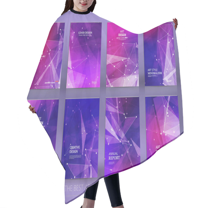 Personality  Abstract Composition. Purple A4 Brochure Cover Design. Patch Info Banner Frame. Text Font. Title Sheet Model Set. Modern Vector Front Page. Polygonal Texture. Colored Figure Image Icon. Ad Flyer Fiber Hair Cutting Cape