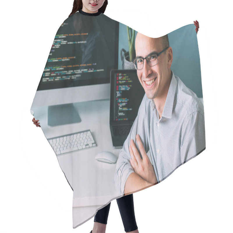 Personality  Programmer, Working Behind The Desk, With Two Screens Filled With Code Lines Hair Cutting Cape