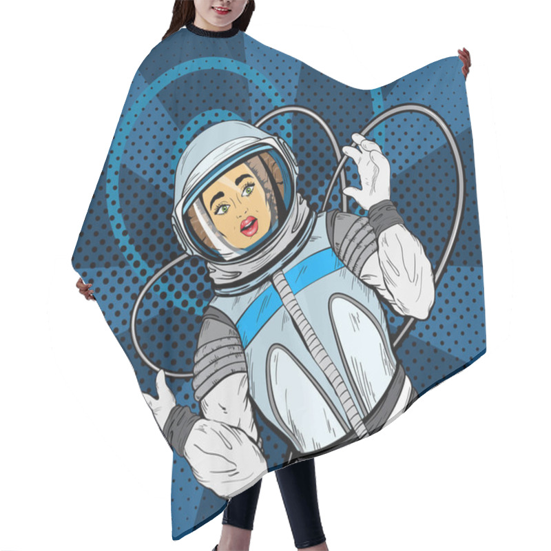 Personality  Woman With Expression Of Surprise On Her Face In Cosmonaut Suit, Pop Art Style. Hair Cutting Cape