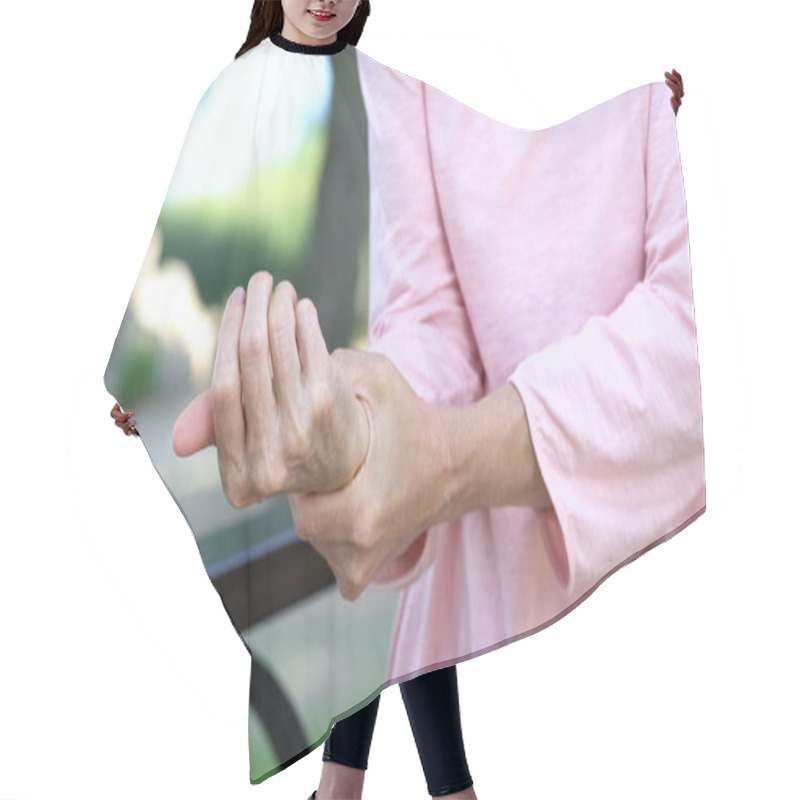 Personality  Old Woman Stretching Numb Arm, Weakness Of Muscles In Senior Age, Arthritis Hair Cutting Cape