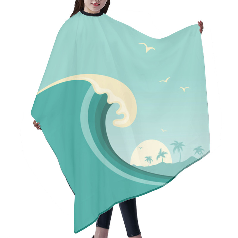 Personality  Big Ocean Wave And Tropical Island.Vector Poster Background Hair Cutting Cape