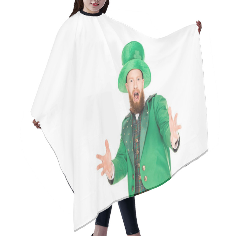 Personality  Excited Handsome Leprechaun In Green Suit And Hat, Isolated On White Hair Cutting Cape