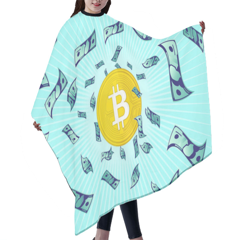 Personality  Bitcoin Value - One Bitcoin With Money Flying Around Like An Explosion. Price Growth, Success And Investing Concept. Vector Illustration. Hair Cutting Cape