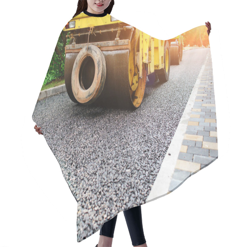 Personality  Carrying Out Repair Works: Asphalt Roller Stacking And Pressing Hot Lay Of Asphalt. Machine Repairing Road. Hair Cutting Cape