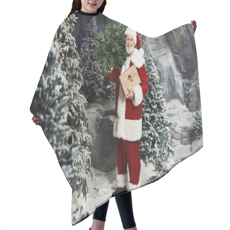 Personality  A Jolly Figure Of Santa Claus Stands Amidst Evergreen Trees, Holding A Wrapped Gift. Hair Cutting Cape