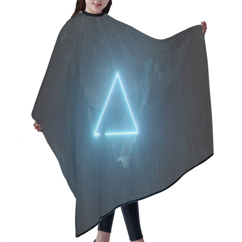 Personality  Beautiful Minimalistic Fantastic Landscape. Bright Blue Neon Triangle Among The Mountains Against The Background Of A Rotating Night Starry Sky. 3d Illustration Hair Cutting Cape