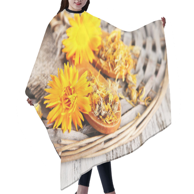 Personality  Fresh And Dried Calendula Flowers On Wooden Background Hair Cutting Cape