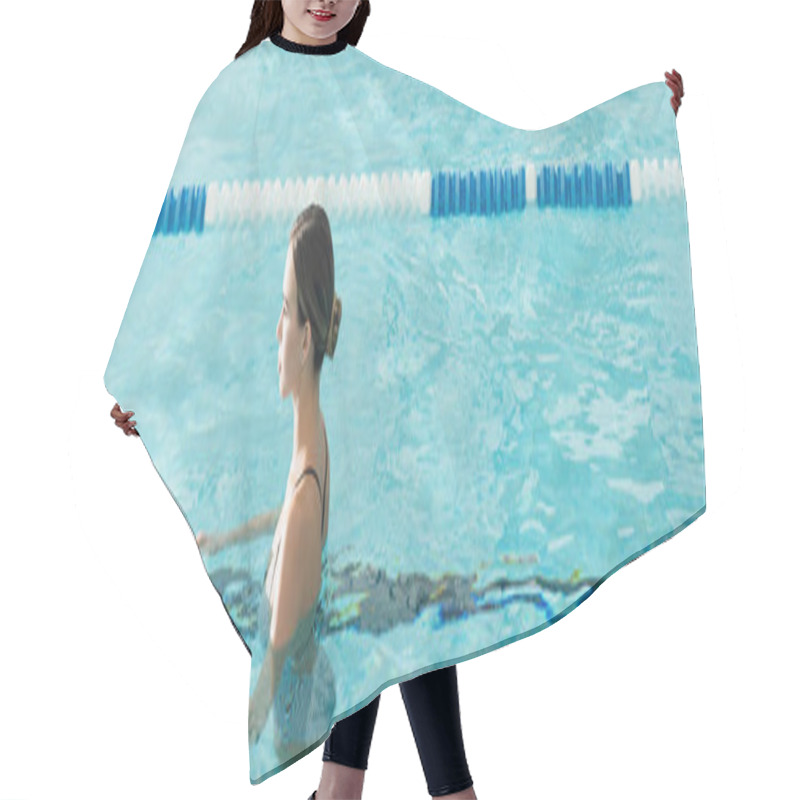 Personality  Side View Of Young Woman Swimming In Pool In Spa Center, Banner  Hair Cutting Cape