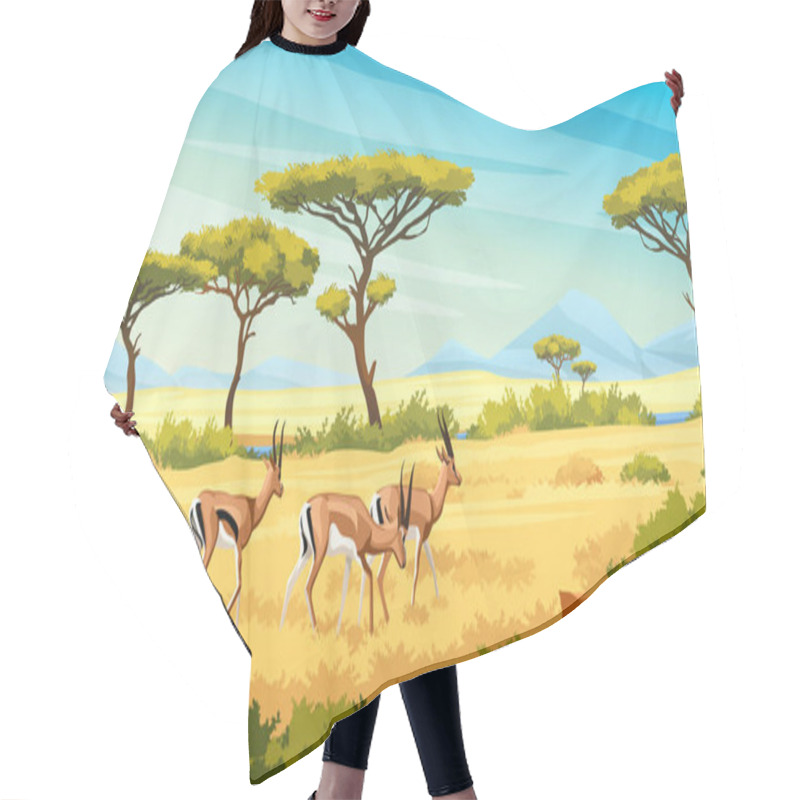 Personality  African Savannah Landscape With Wild Roe Young Deers, Nature Of Africa, Cartoon Background. Vector Green Trees, Rocks And Plain Grassland Field Under Blue Clear Sky. Kenya Panoramic View Hair Cutting Cape