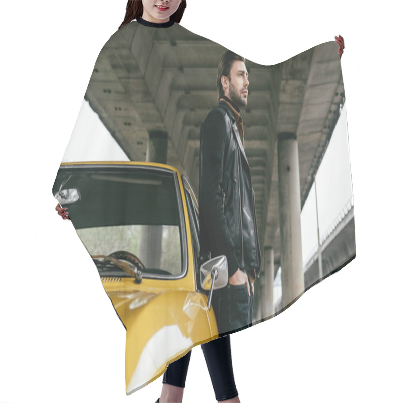 Personality  Side View Of Stylish Man Standing Near Yellow Retro Car And Looking Away Hair Cutting Cape