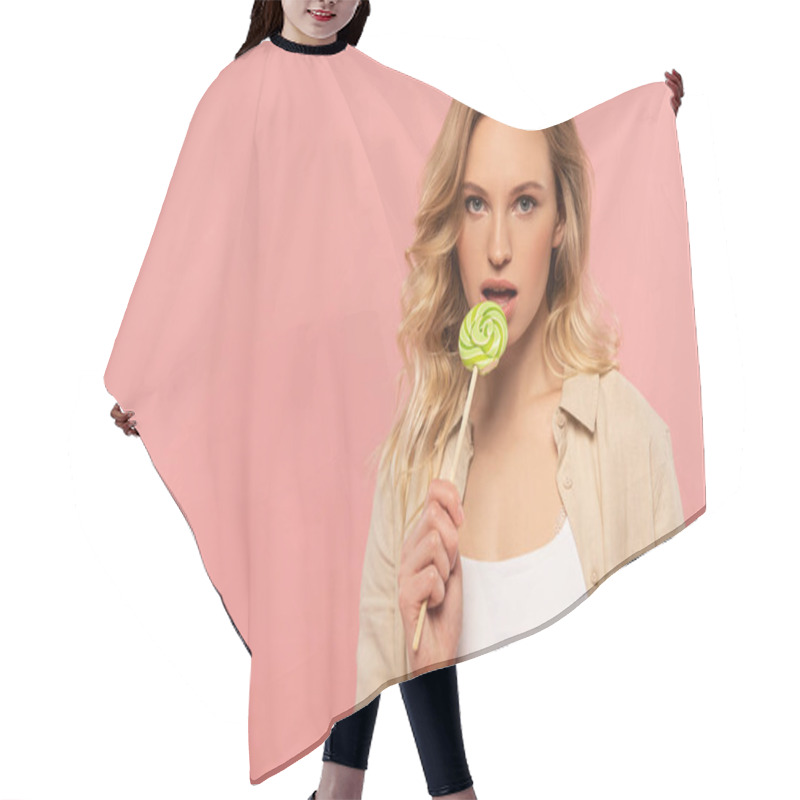 Personality  Attractive Blonde Woman Licking Lollipop Isolated On Pink Hair Cutting Cape