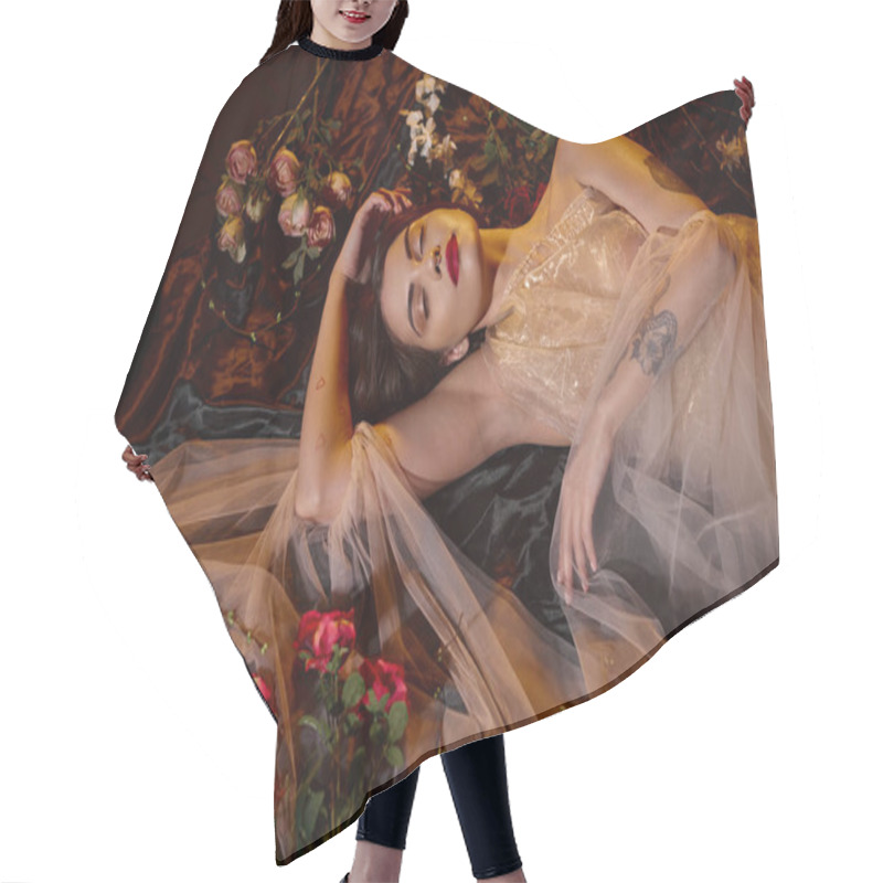 Personality  Charming Tattooed Young Woman In Romantic Transparent Dress Lying Among Blooming Flowers Hair Cutting Cape