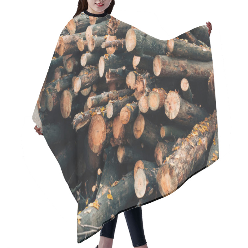 Personality  Close Up Of Stacked Wooden Logs In Autumn Forest Hair Cutting Cape