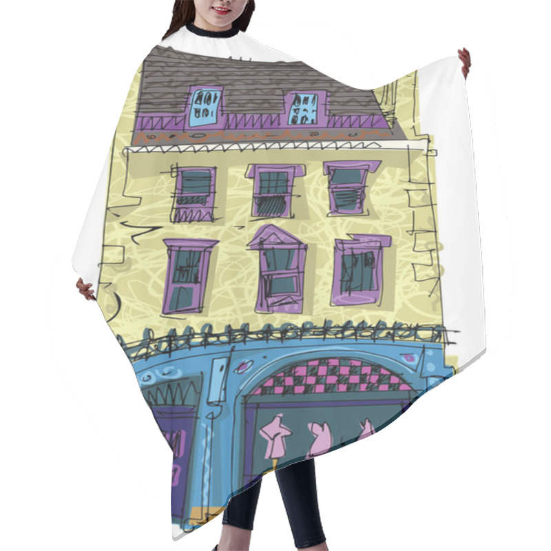 Personality  Old Fashioned Urban City House With Dress Shop At Ground Floor. Vintage Facade Of Cute Mansion. Cartoon. Caricature. Hair Cutting Cape