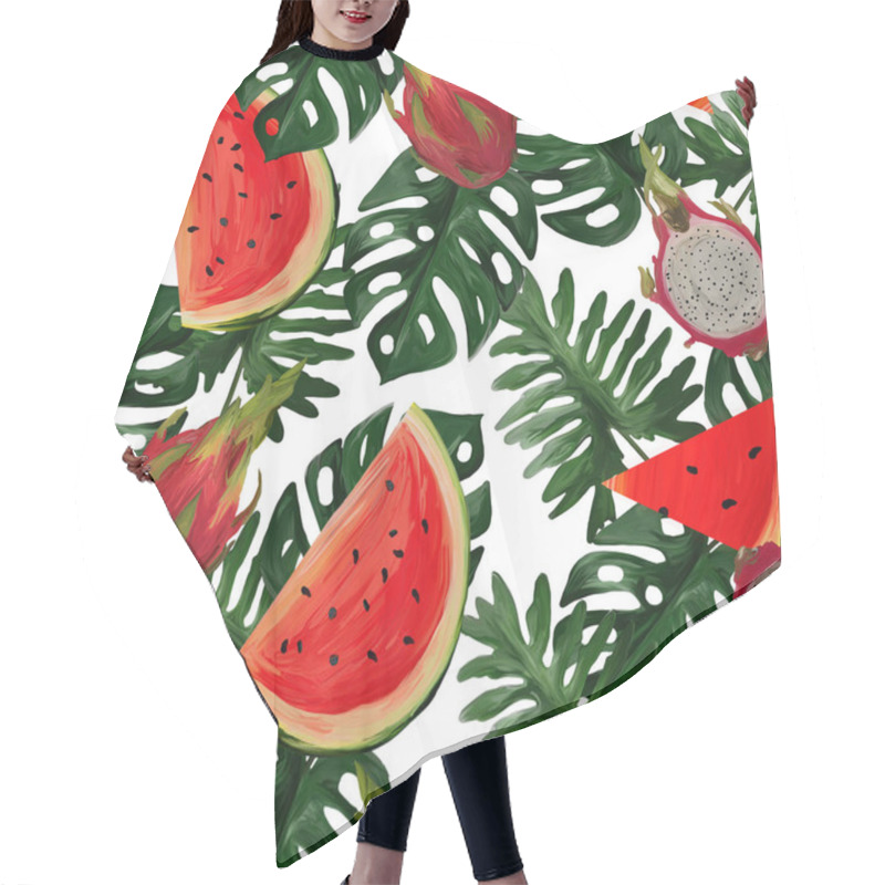 Personality  Modern Seamless Pattern With Dragon Fruit, Watermelon, Tropical Leaves On White Background Summer Vibes. Hand Painted Botanical Illustration For Textiles, Packaging, Fabrics. Hair Cutting Cape