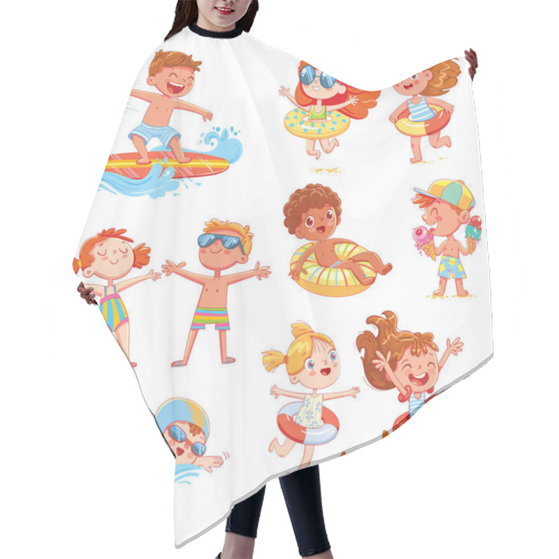 Personality  Set Of Summer Scenes With Children. Vacation At Sea. Child Swim With Inflatable Rubber Circle, Sunbathe On The Beach, Surfing, Swimming Race, Eat Ice Cream. Funny Cartoon Character Hair Cutting Cape