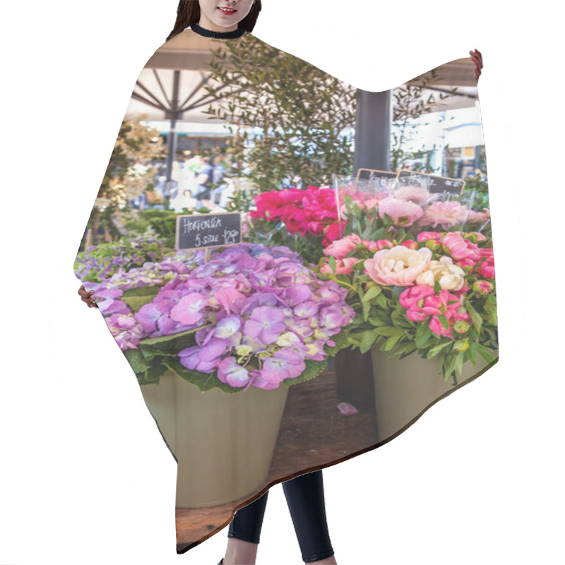 Personality  Close Up View Of Hortensia And Peonies With Chalk Boards On Market Place Hair Cutting Cape