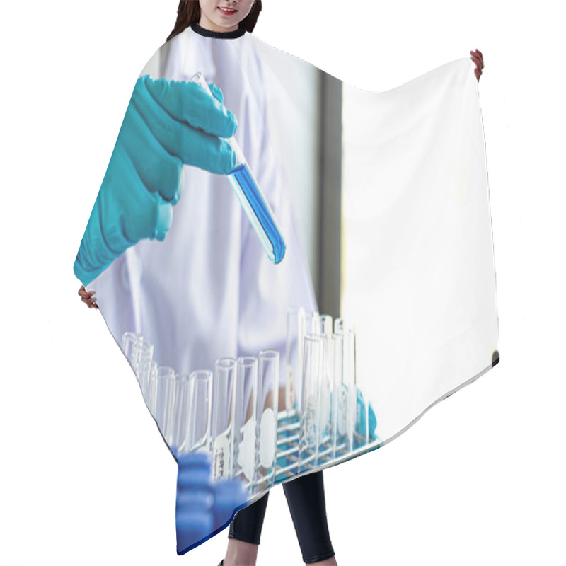 Personality  Scientists Are Carrying Blue Chemical Test Tubes To Prepare For The Determination Of Chemical Composition And Biological Mass In A Scientific Laboratory, Scientists And Research In The Lab Concept. Hair Cutting Cape