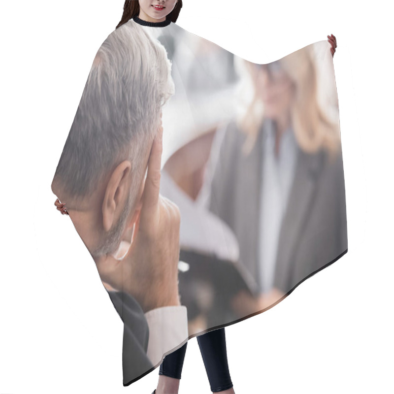 Personality  Selective Focus Of Grey-haired Judge Near Blurred Attorney In Courtroom Hair Cutting Cape