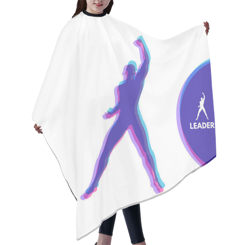 Personality  Leadership Concept. Standing Man. Human With Arm Up. Silhouette For Sport Championship. The Victory Celebration. Vector Illustration. Hair Cutting Cape