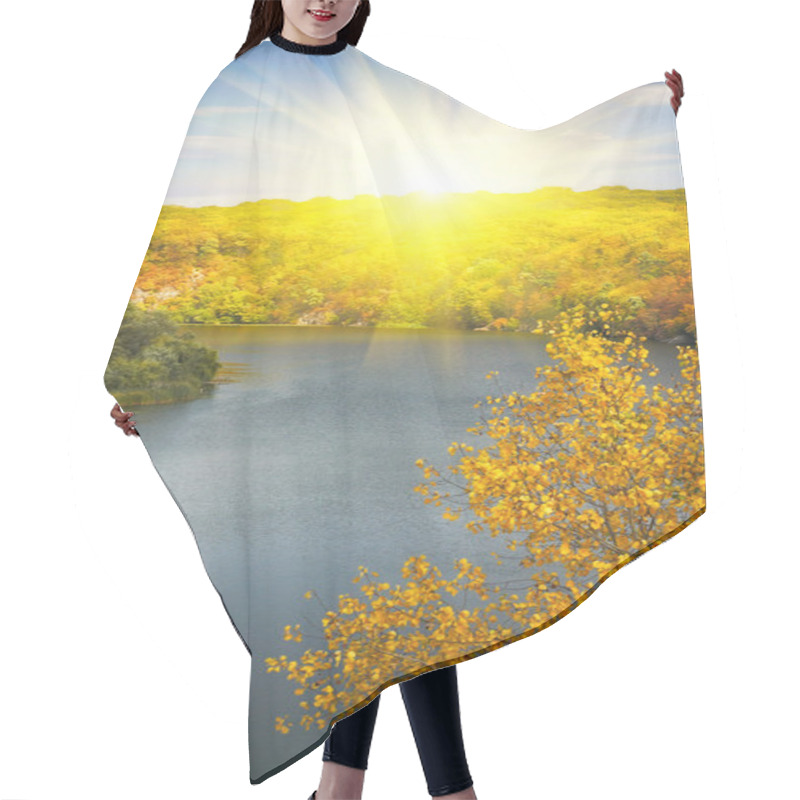 Personality  Golden Autumn Sunbeams Above River And M Hair Cutting Cape