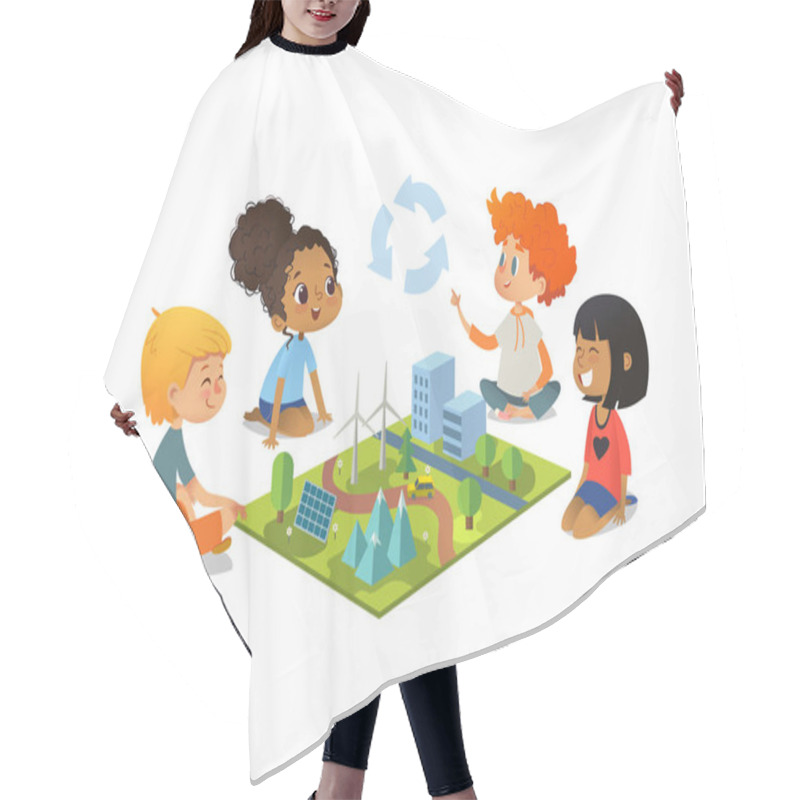 Personality  Children Sitting On Floor Explore The Model Landscape, Mountains, Eco-green City, Plants, Trees, Solar Panels And Wind Turbines.Preschool Environmental Education Concept. Cartoon Vector Illustration. Hair Cutting Cape