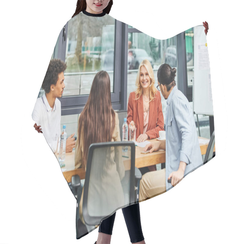 Personality  Group Of Professionals Discussing In A Conference Room At The Office. Hair Cutting Cape