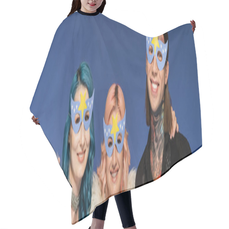 Personality  Happy Queer People In Party Masks Smiling At Camera Isolated On Blue, Banner Hair Cutting Cape