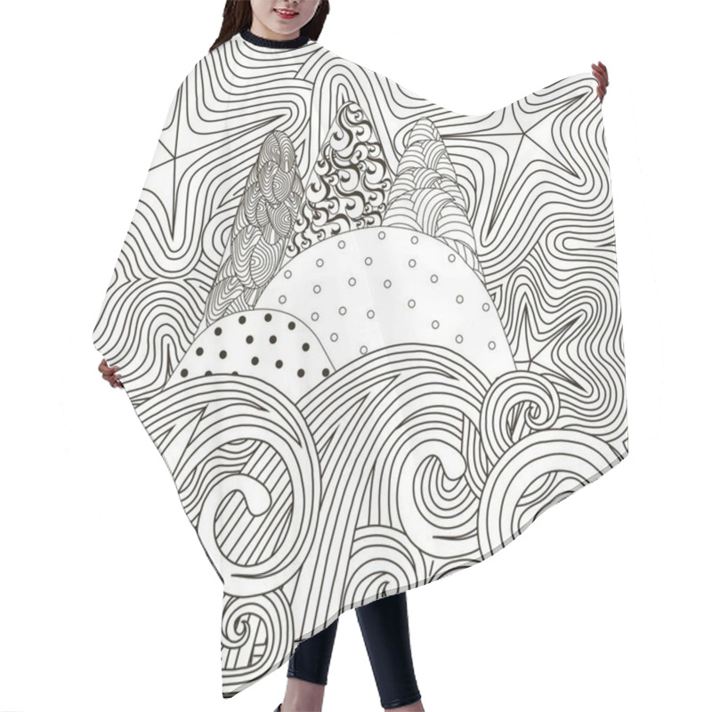 Personality  Zentangle Hand Drawn Black And White Abstract Starry Night, Island And Waves, Anti Stress Vector Illustration Hair Cutting Cape