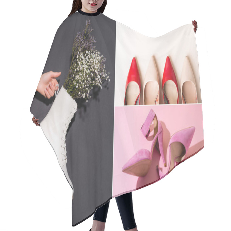 Personality  Collage Of Elegant Shoes And Woman Holding White Boot With Wildflowers Hair Cutting Cape