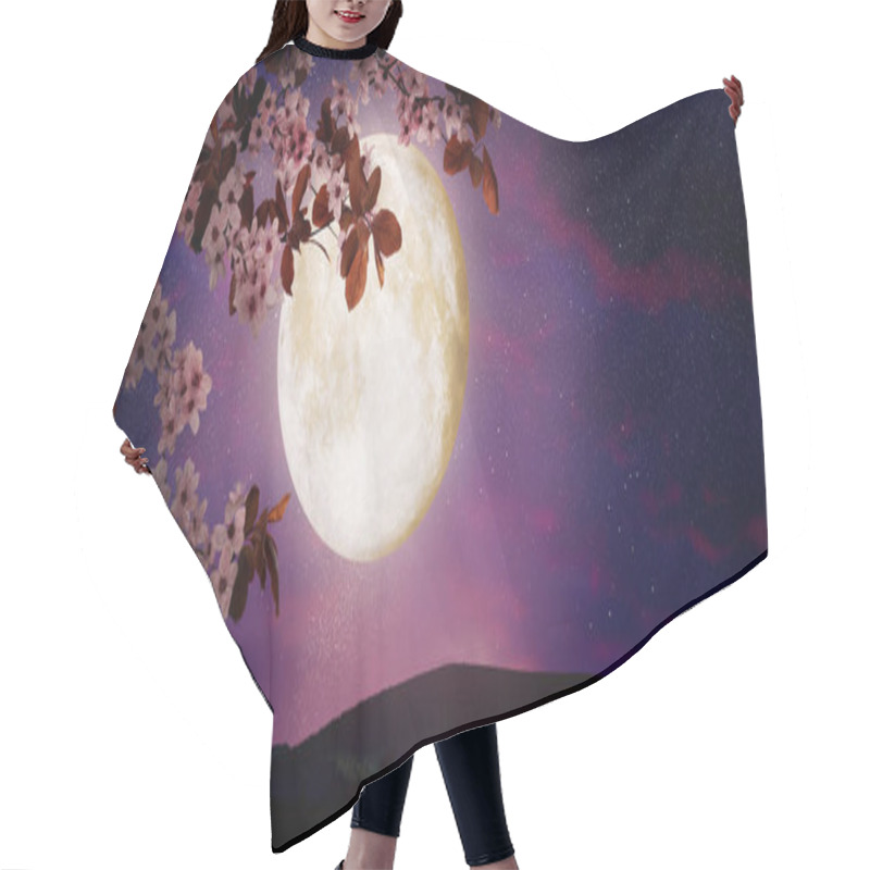 Personality  Fantasy Night. Blossoming Cherry Tree Branch And Starry Sky With Full Moon On Background Hair Cutting Cape