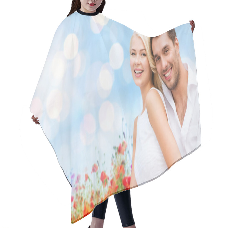 Personality  Happy Couple Having Fun Over Poppy Flowers Field Hair Cutting Cape