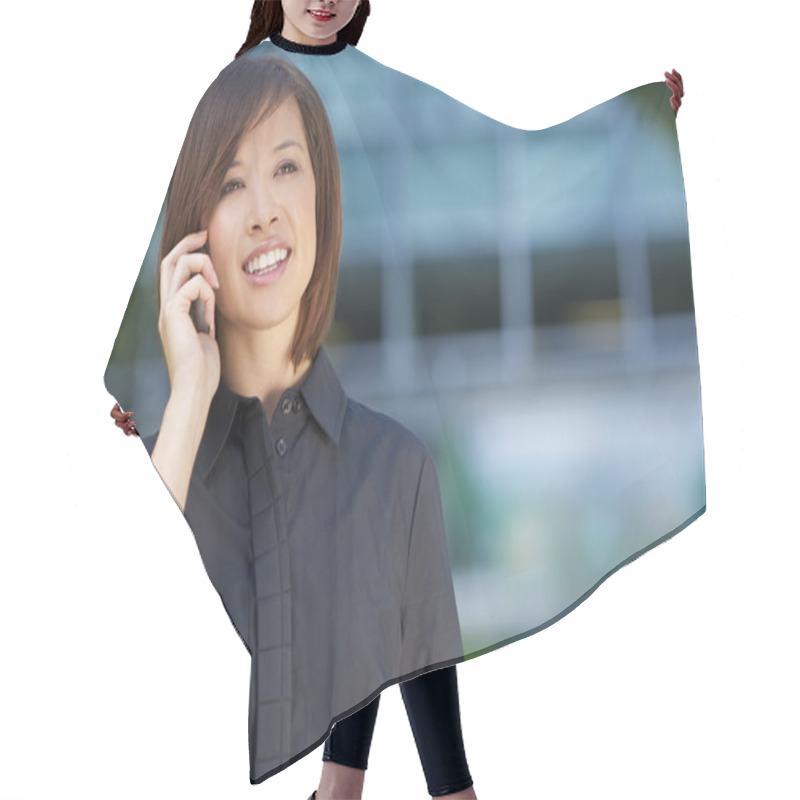 Personality  Beautiful Chinese Asian Woman On Her Cell Phone Hair Cutting Cape