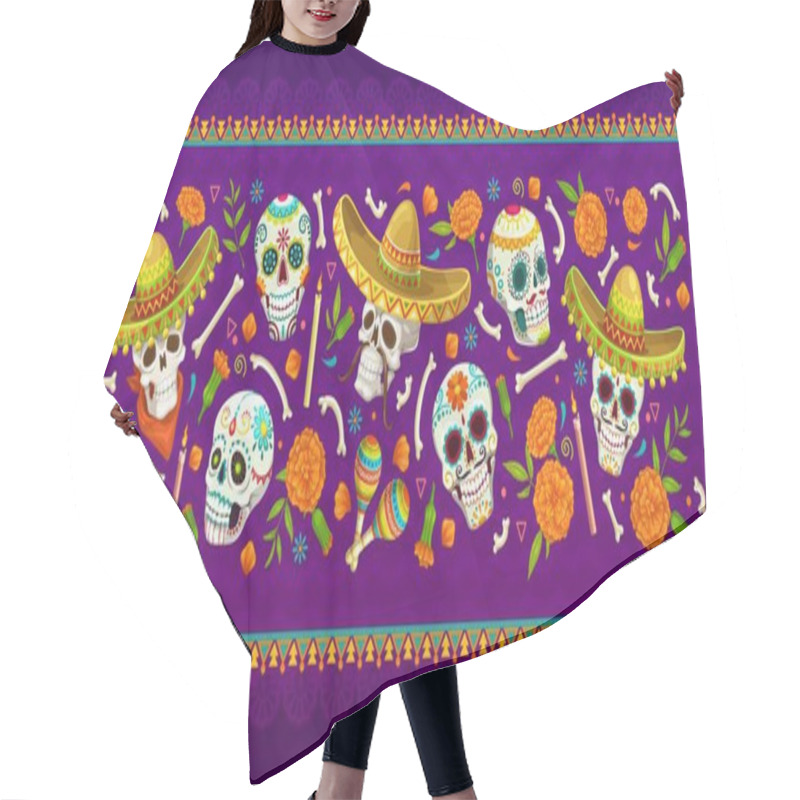 Personality  Dia De Los Muertos Mexican Holiday Banner With Sugar Calavera Skulls And Marigold Flowers. Day Of The Dead Vector Pattern With Calaca Heads Wear Traditional Sombrero, Candles, Bones, Maracas, Tagetes Hair Cutting Cape