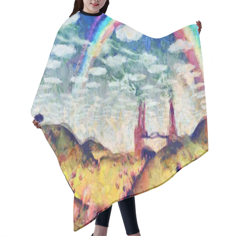 Personality  Surreal Painting. Pigs In The Field. Factory At The Horizon. Rainbow In The Sky. Hair Cutting Cape