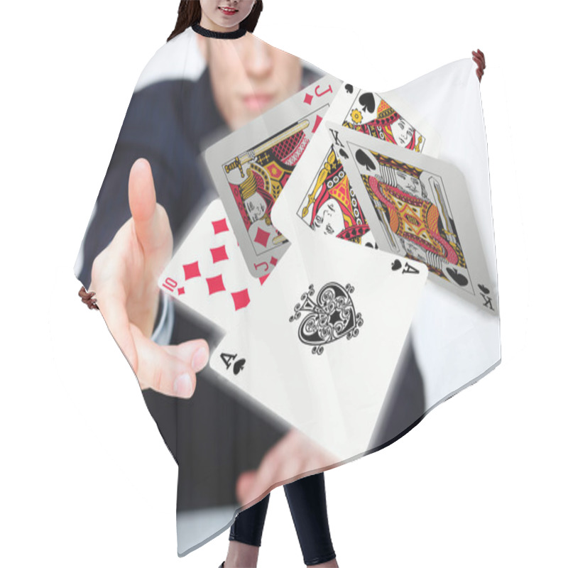 Personality  Young Man Showing Poker Cards Hair Cutting Cape