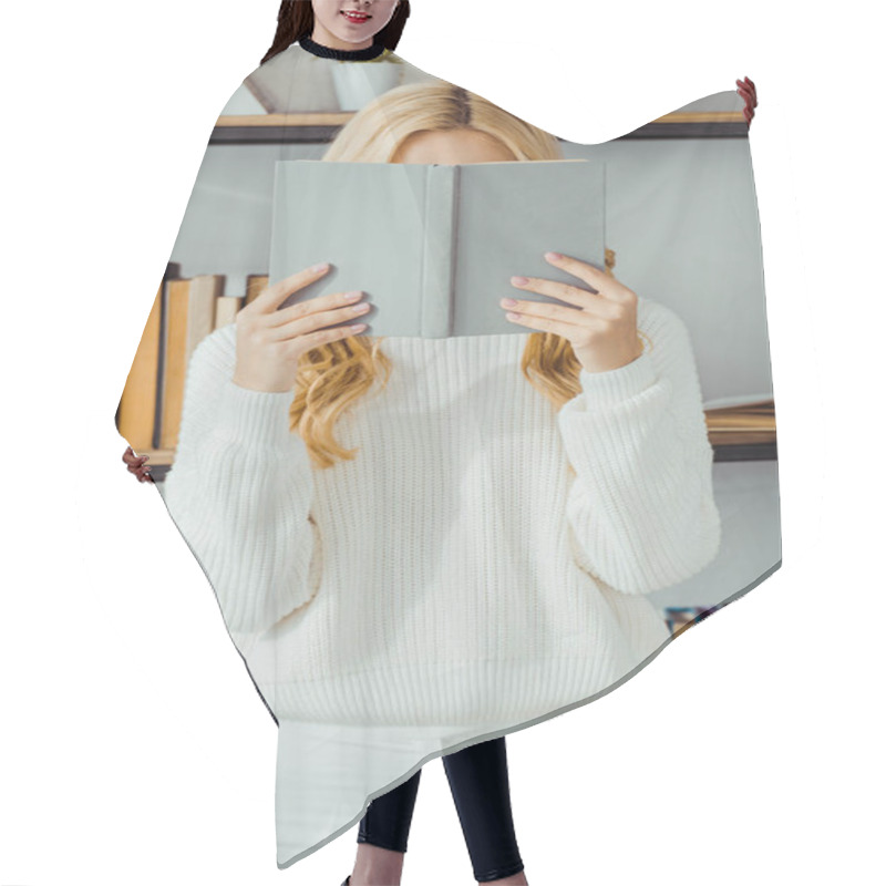 Personality  Close Up Of Woman Hiding Face Behind Book Hair Cutting Cape