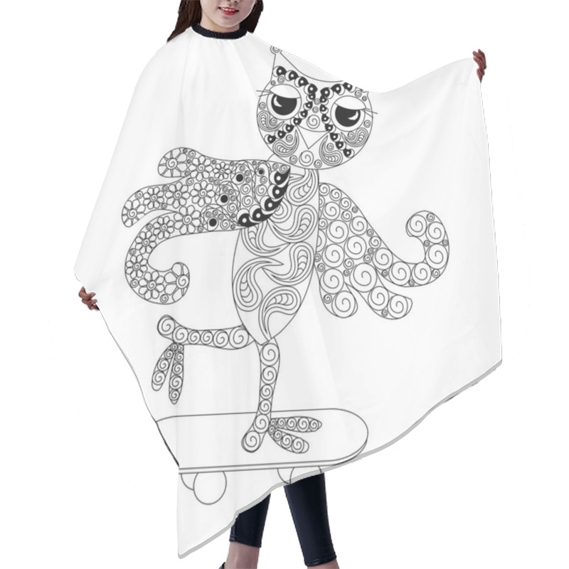 Personality  Stylized Monochrome Owl On Skateboard, Doodle Style Anti Stress Stock Vector Illustration Hair Cutting Cape